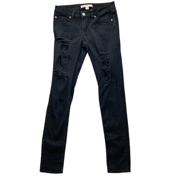 Forever 21 Women's Skinny Jeans Black Distressed Mid rise Stretch denim Size 26 - Picture 3 of 15